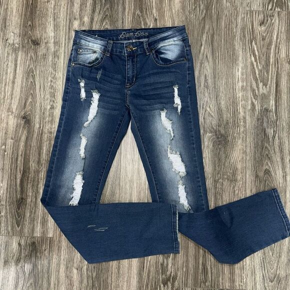 Bamboo Jeans Women's Dark Blue Jeans Distresses Size 9/10 - Picture 1 of 7